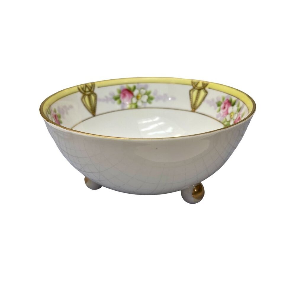 Antique Hand-Painted Nippon Porcelain Rice Bowl with Floral Pattern & Gold Trim